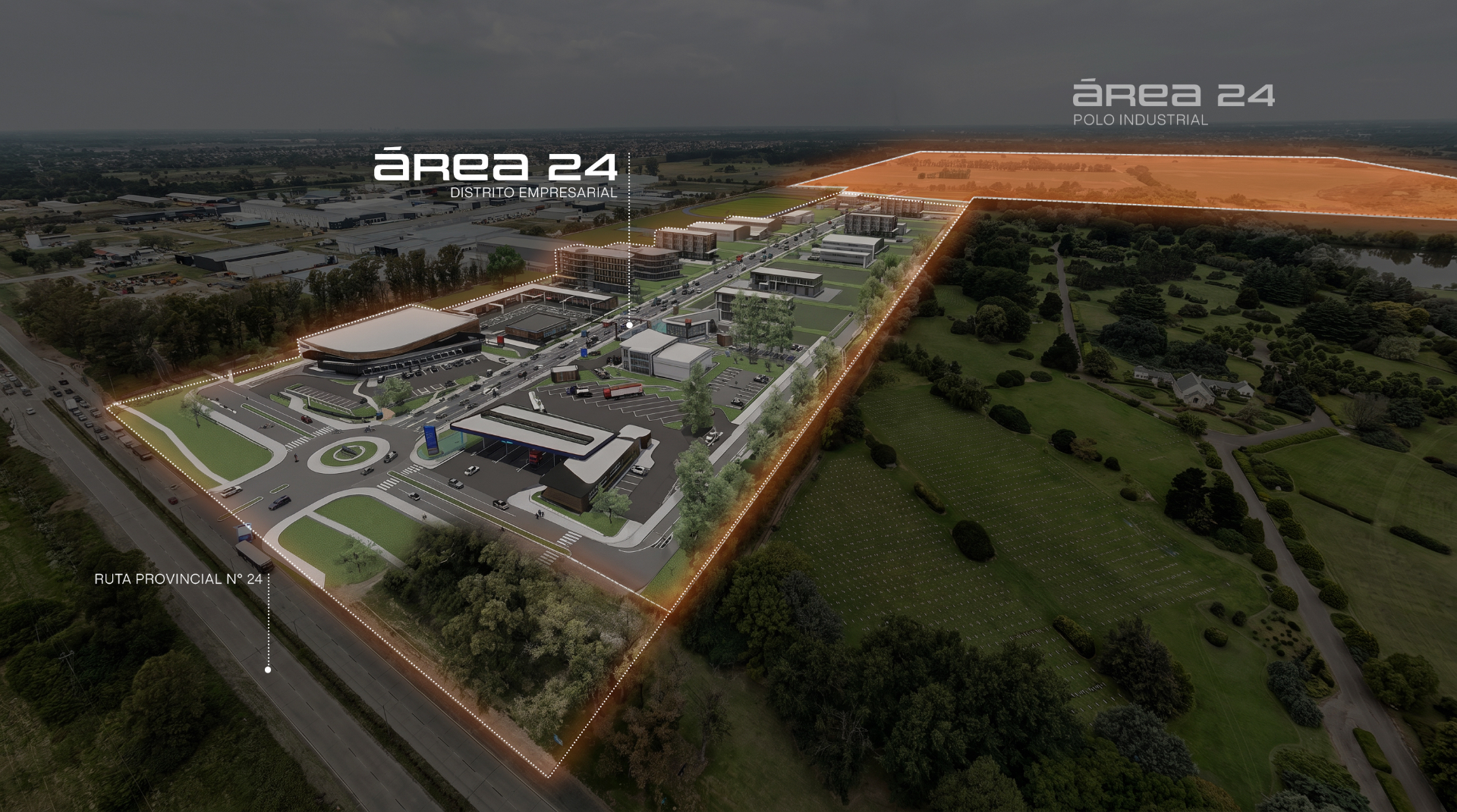 Vista aérea del masterplan de Área 24 — Distrito Empresarial y Polo Industrial sobre Ruta Provincial 24